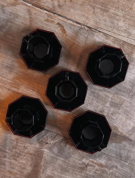 Service à café vintage noir & rouge – 5 tasses + 5 soucoupes