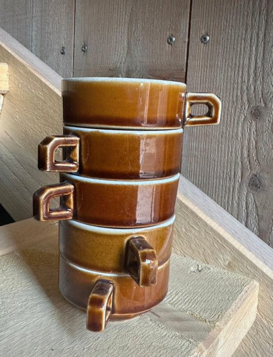 Lot de 5 tasses à café vintage – céramique marron caramel