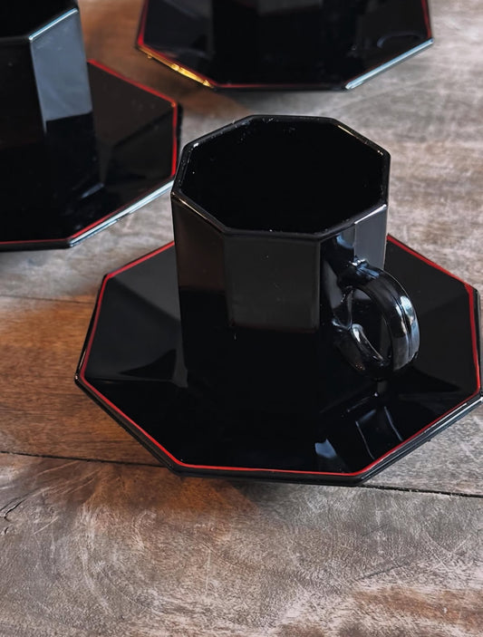 Service à café vintage noir & rouge – 5 tasses + 5 soucoupes